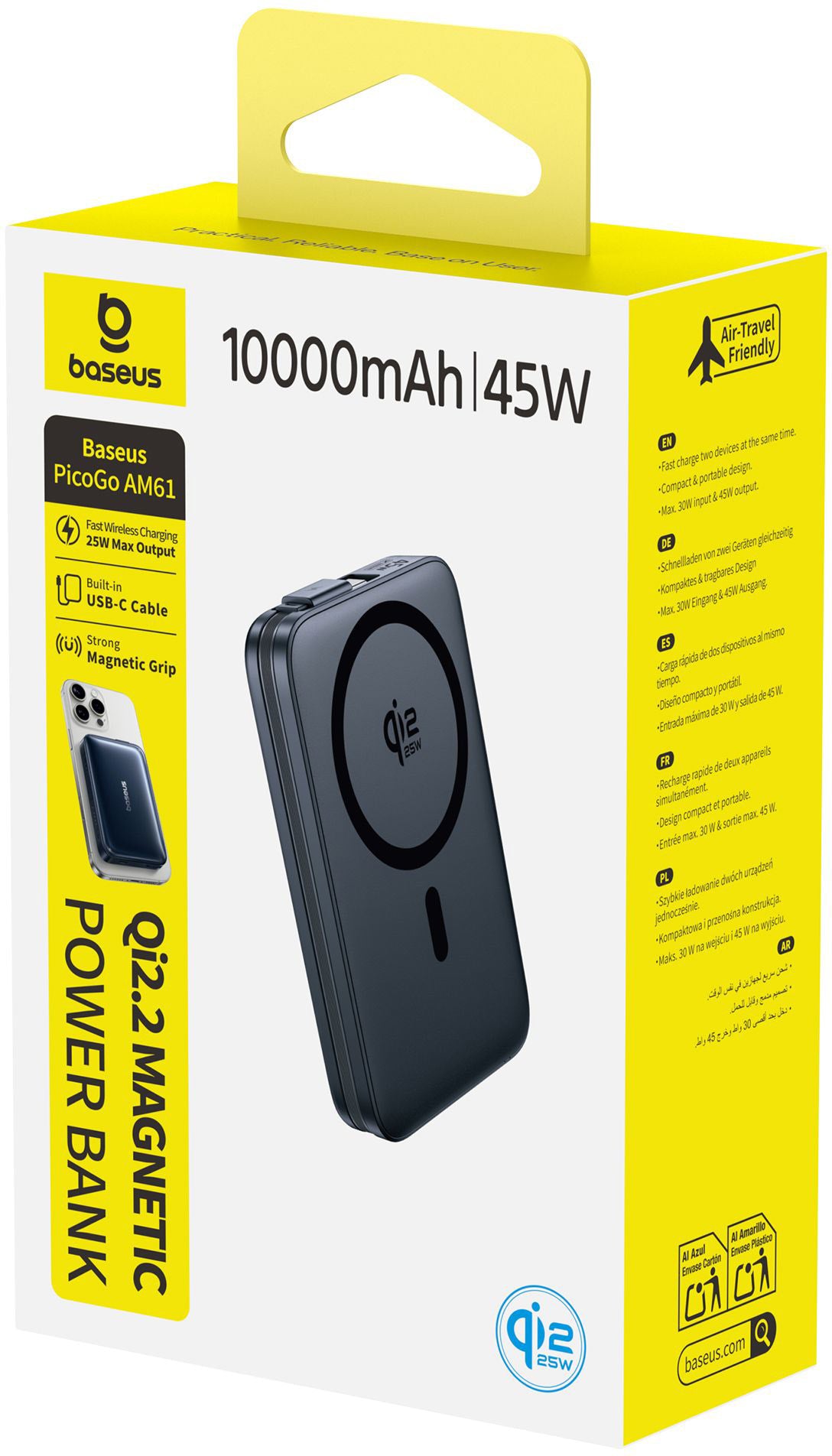 Baseus PicoGo AM61 trådløs ekstern batteripakke, 10000mAh, 45W, PD + FQI, 1 x QI - 2 x USB-C, svart E0028V00