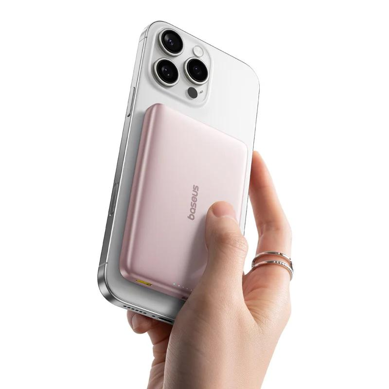 Ekstern trådløs batteri Baseus PicoGo AM41, 10000mAh, 27W, PD + FQI, 1 x QI - 1 x USB-C, Rosa E0027202
