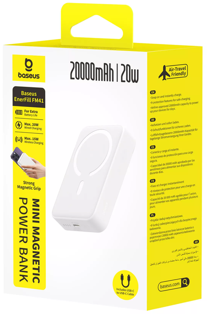 Trådløs ekstern batteri Baseus EnerFill FM41 Mini, 20000mAh, 20W, PD + FQI, 1 x QI - 1 x USB-C, Hvit E0027U01