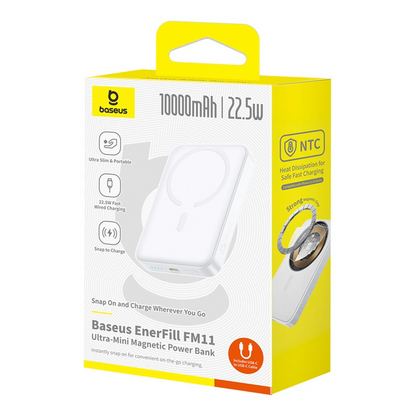 Ekstern trådløs batteri Baseus EnerFill FM11 Ultra-Mini, 10000mAh, 22.5W, PD + FQI, 1 x QI - 1 x USB-C, Hvit P1008210E213-00