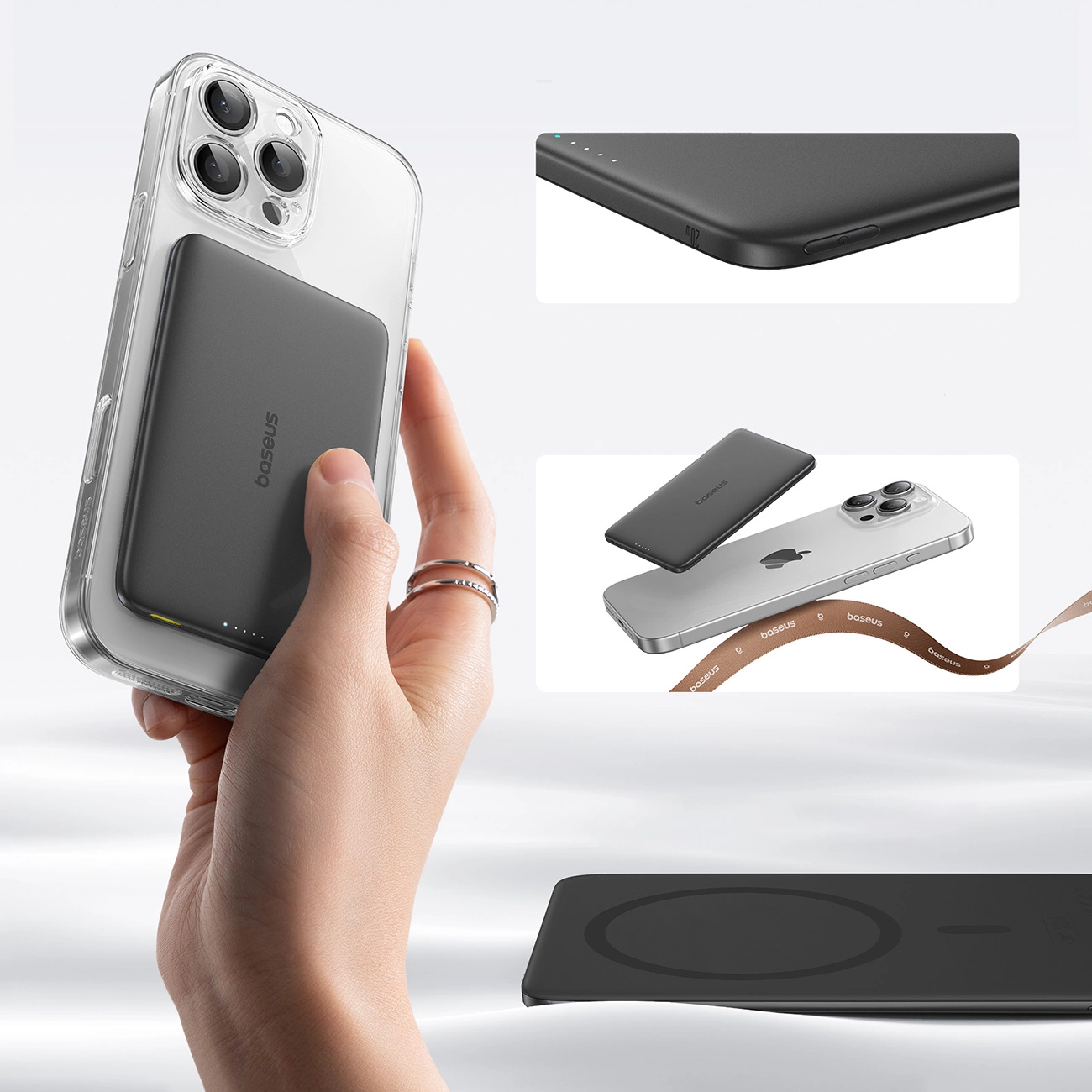 Ekstern trådløs batteri Baseus PicoGo AM41, 5000mAh, 20W, PD + FQI, 1 x QI - 1 x USB-C, Svart