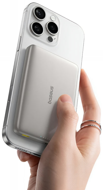 Ekstern trådløs batteri Baseus PicoGo AM41, 10000mAh, 27W, PD + FQI, 1 x QI - 1 x USB-C, Beige E0027203