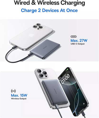 Ekstern trådløs batteri Baseus PicoGo AM41, 10000mAh, 27W, PD + FQI, 1 x QI - 1 x USB-C, Grå E0027200