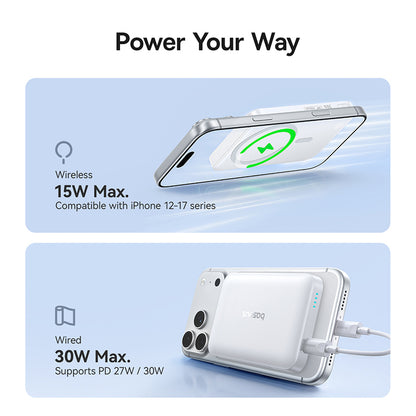 Baseus EnerFill FM11 trådløs ekstern batteri, 10000mAh, 30W, PD + FQI, 1 x QI - 1 x USB-C, hvit