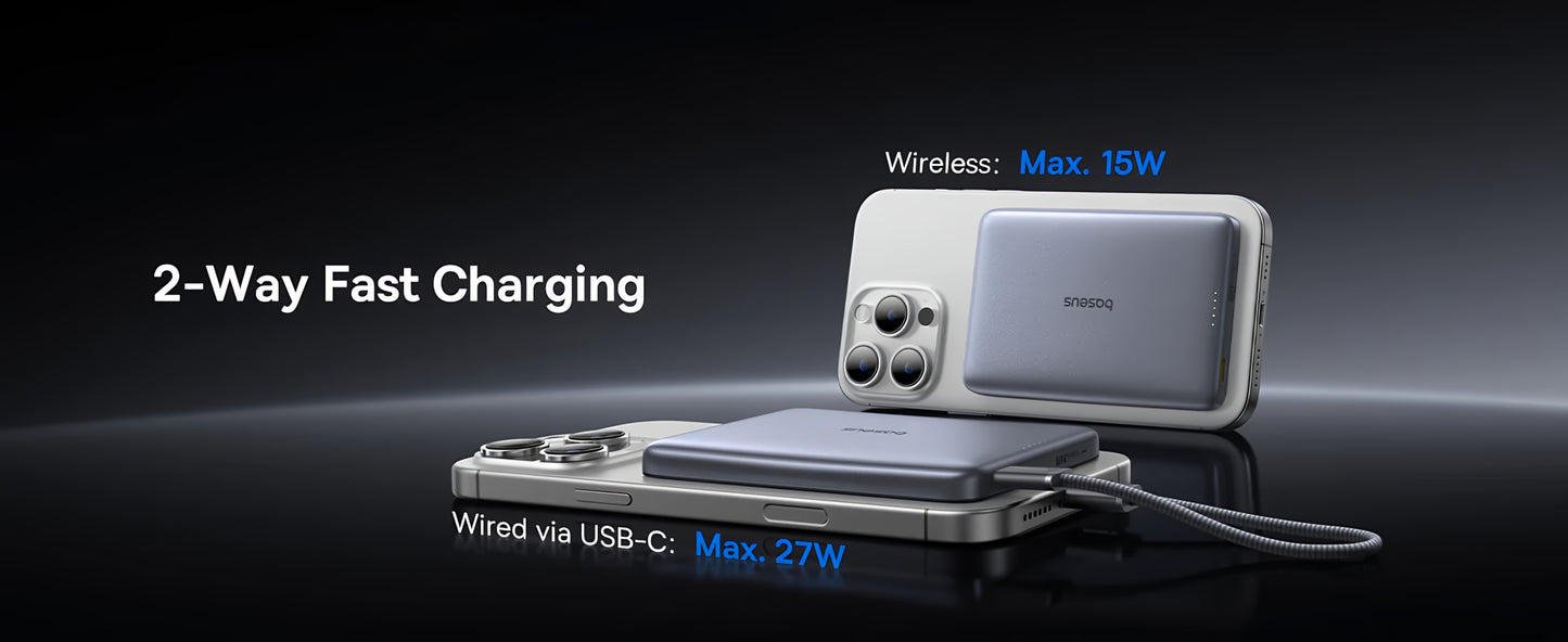 Ekstern trådløs batteri Baseus PicoGo AM41, 10000mAh, 27W, PD + FQI, 1 x QI - 1 x USB-C, Beige E0027203