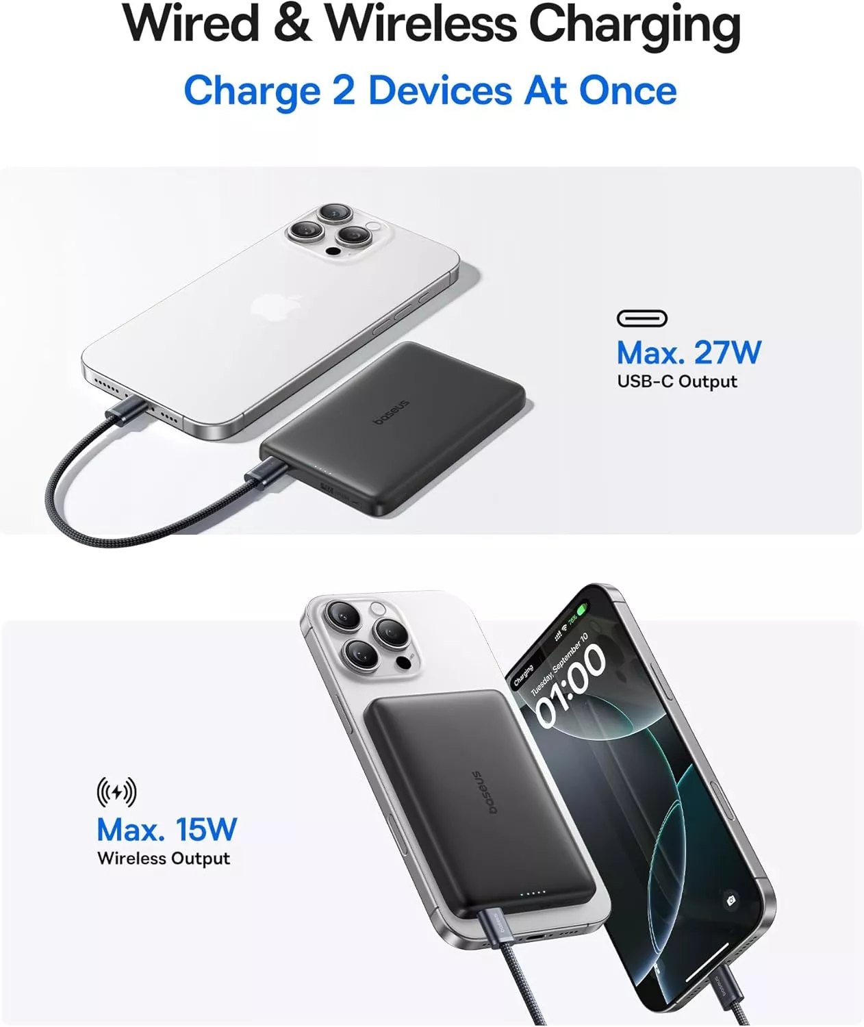 Ekstern trådløs batteri Baseus PicoGo AM41, 10000mAh, 27W, PD + FQI, 1 x QI - 1 x USB-C, Svart E0027201