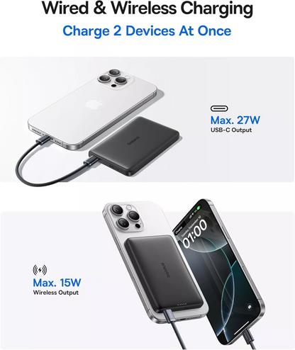 Ekstern trådløs batteri Baseus PicoGo AM41, 10000mAh, 27W, PD + FQI, 1 x QI - 1 x USB-C, Svart E0027201
