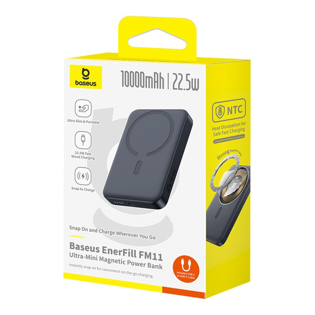 Ekstern trådløs batteri Baseus EnerFill FM11 Ultra-Mini, 10000mAh, 22.5W, PD + FQI, 1 x QI - 1 x USB-C, Svart P1008210E123-00