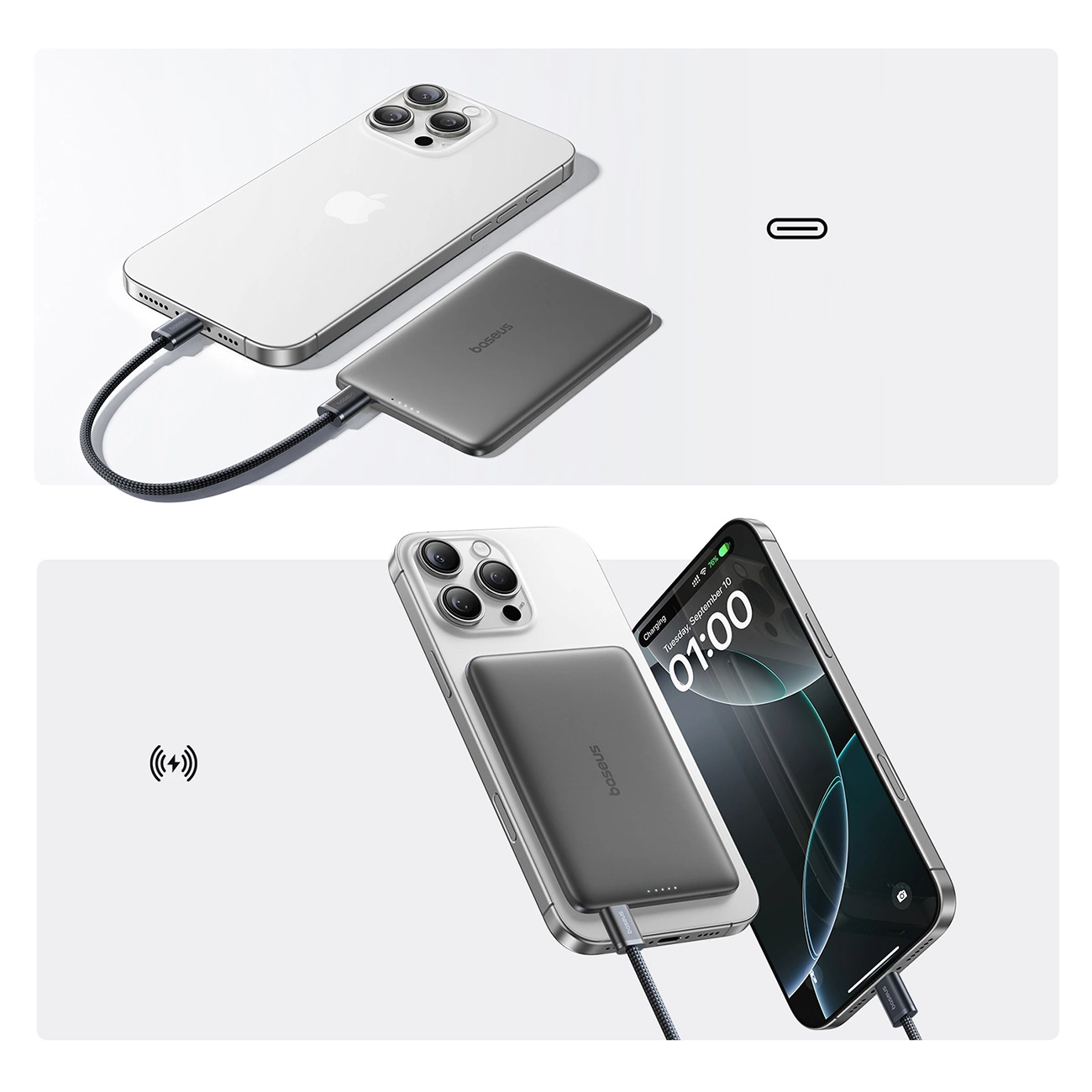 Ekstern trådløs batteri Baseus PicoGo AM41, 5000mAh, 20W, PD + FQI, 1 x QI - 1 x USB-C, Svart