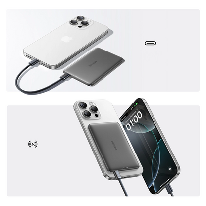Ekstern trådløs batteri Baseus PicoGo AM41, 5000mAh, 20W, PD + FQI, 1 x QI - 1 x USB-C, Svart