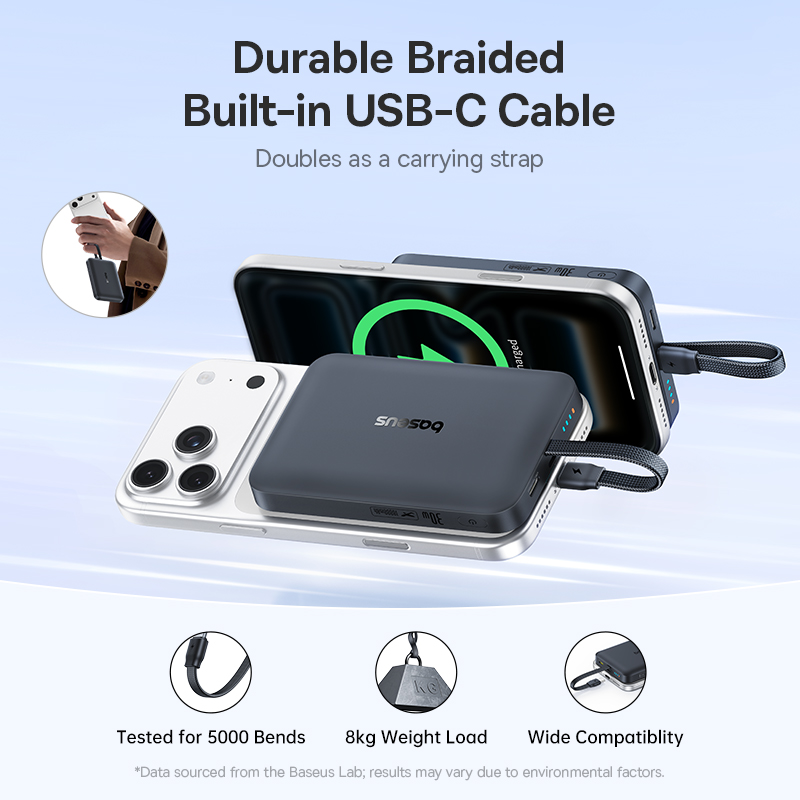 Baseus EnerFill FM11 trådløs powerbank, 10 000 mAh, 30 W, PD + FQI, 1 x QI – 2 x USB-C, svart E0028904