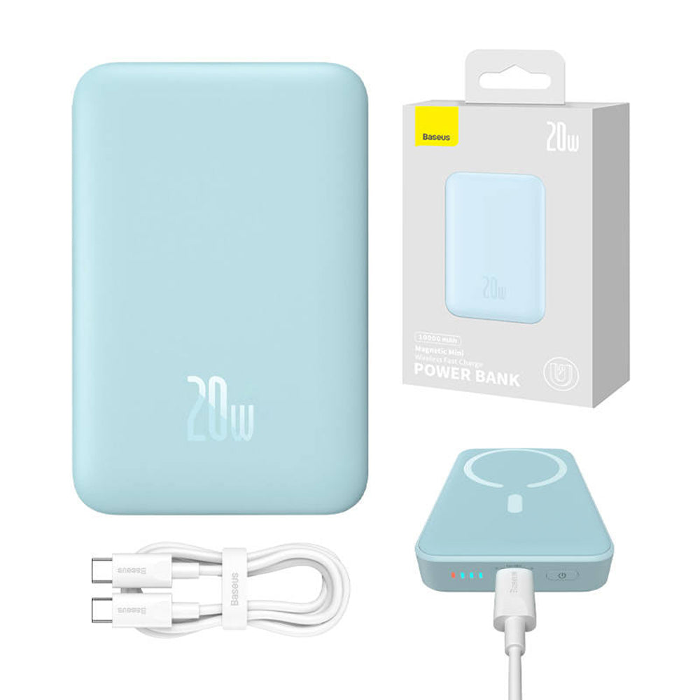 Ekstern trådløs batteri Baseus Magnetic Mini, 10000mAh, 20W, PD + FQI, 1 x QI - 1 x USB-C, Blå PPCX110103