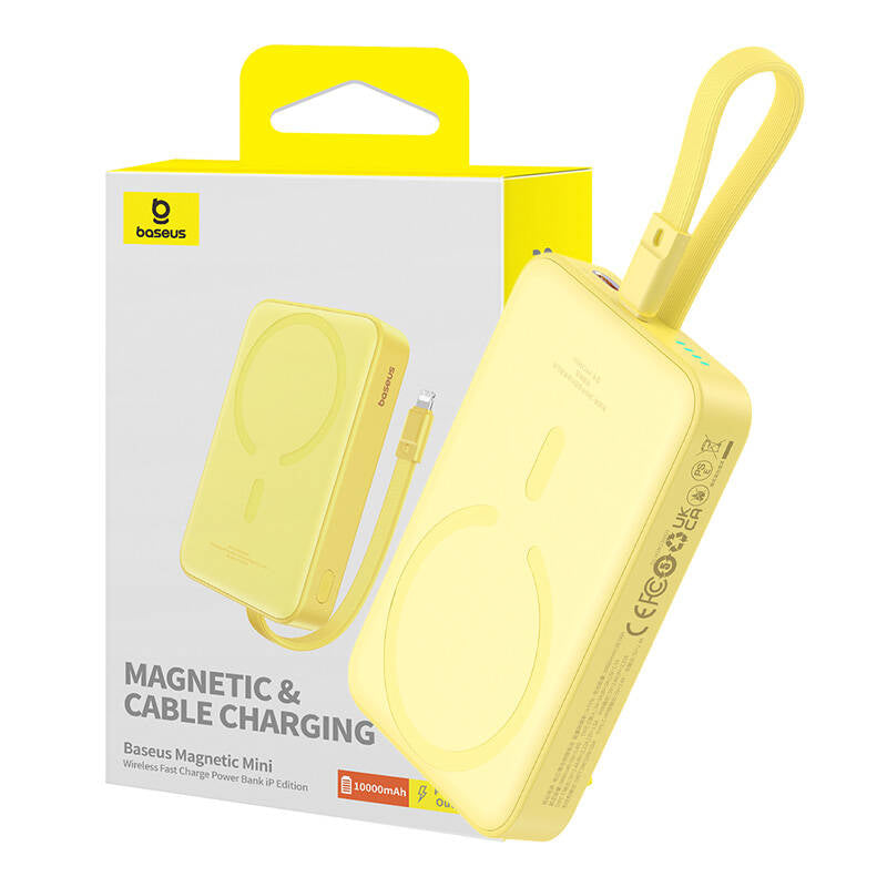 Ekstern trådløs batteri Baseus Magnetic Mini, 10000mAh, 20W, PD + FQI, 1 x Lightning - 1 x QI - 1 x USB-C, Gul P10022109Y23-00
