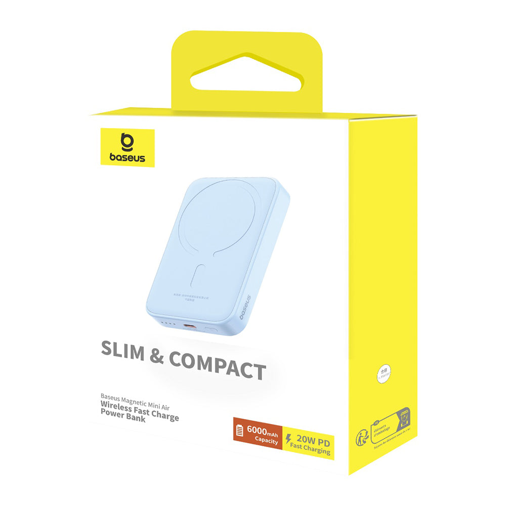 Ekstern trådløs batteri Baseus Mini Air, 6000mAh, 20W, PD + FQI, 1 x QI - 1 x USB-C, Blå P10059002313-00