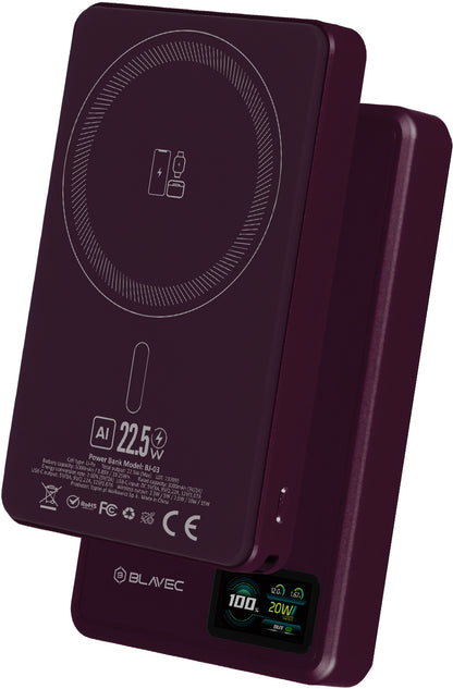Blavec BJ-03 Slim trådløs powerbank, 10000 mAh, 22,5 W, PD + FQI, 1 x QI – 1 x USB-C, lilla