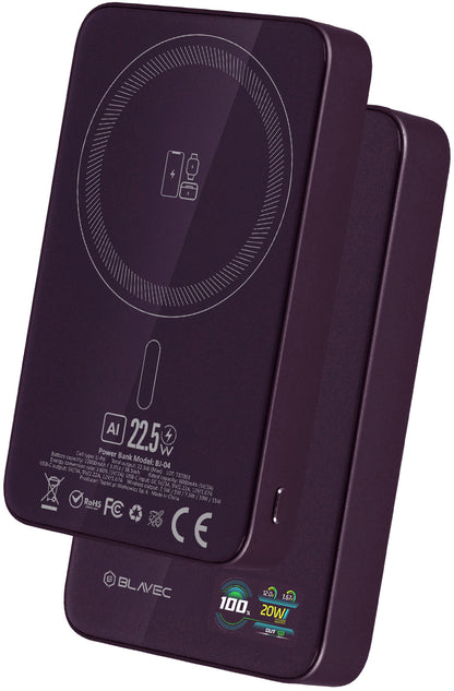 Blavec BJ-04 Slim trådløs powerbank, 10 000 mAh, 22,5 W, PD + FQI, 1 x QI – 1 x USB-C, lilla