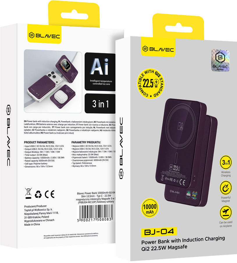 Blavec BJ-04 Slim trådløs powerbank, 10 000 mAh, 22,5 W, PD + FQI, 1 x QI – 1 x USB-C, lilla
