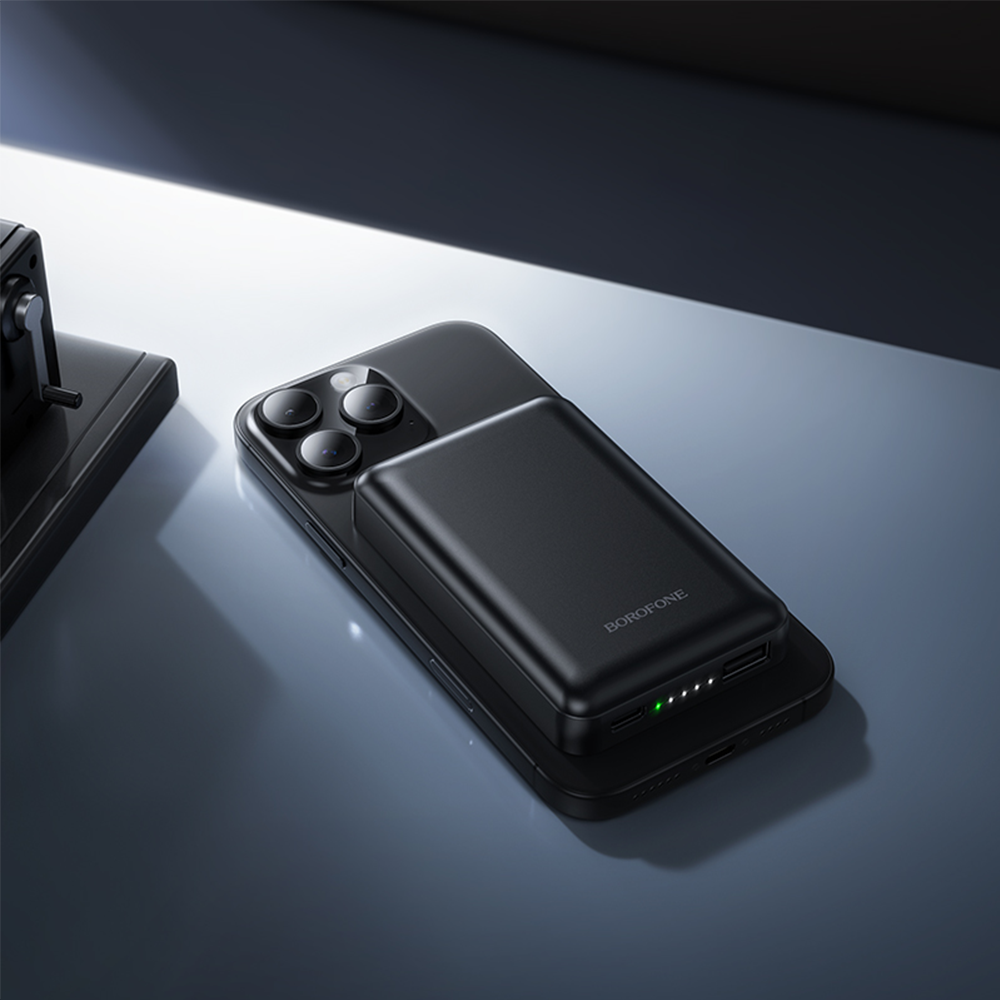 Ekstern trådløs batteri Borofone BJ82 Dawn, 5000mAh, 10W, 1 x QI - 1 x USB-A, Svart