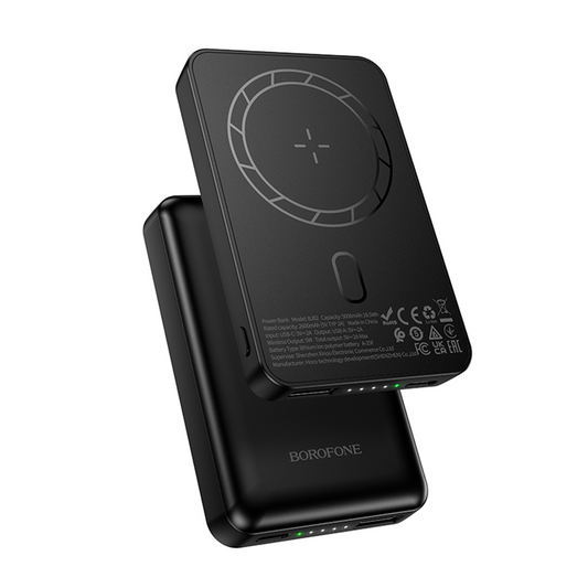 Ekstern trådløs batteri Borofone BJ82 Dawn, 5000mAh, 10W, 1 x QI - 1 x USB-A, Svart