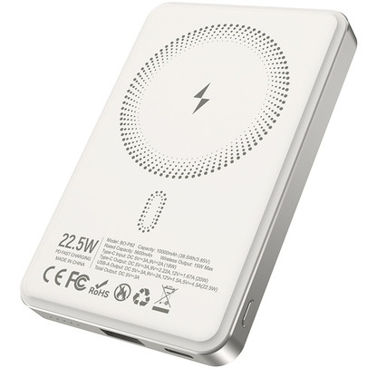 Trådløs Ekstern Batteri BWOO BO-P82, 10000mAh, 22,5W, PD + FQI, 1 x QI - 1 x USB-C, Hvit