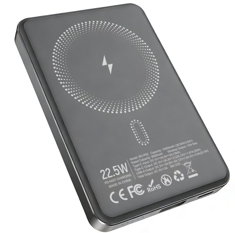 Trådløs Ekstern Batteri BWOO BO-P82, 10000mAh, 22,5W, PD + FQI, 1 x QI - 1 x USB-C, Grå
