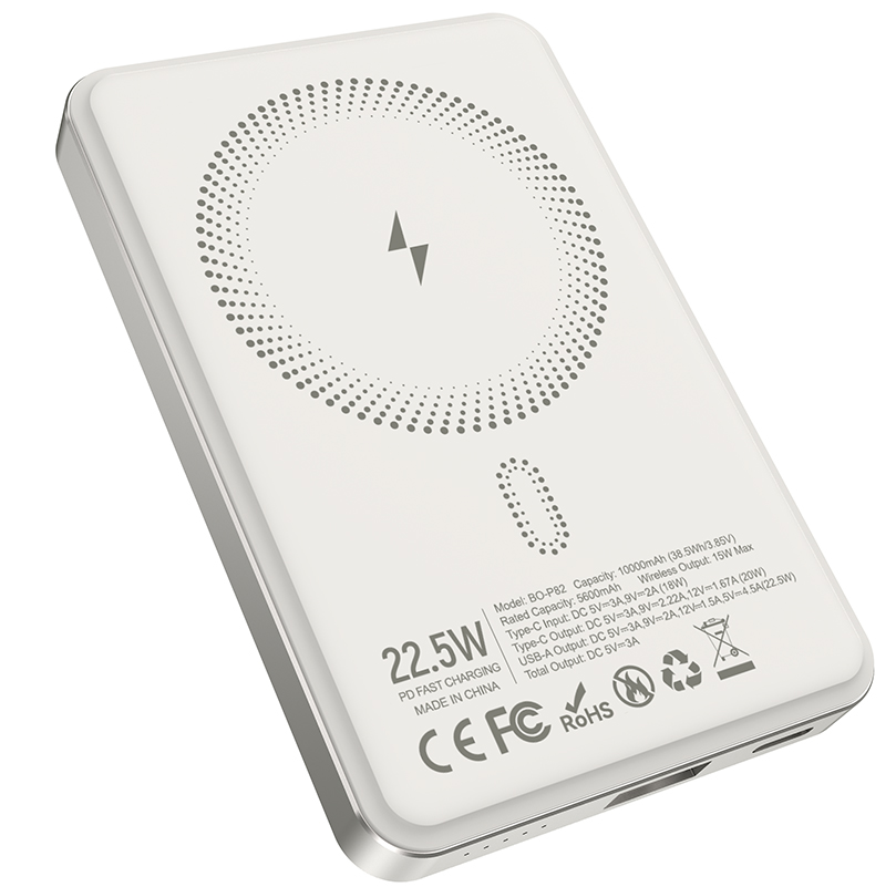 Trådløs Ekstern Batteri BWOO BO-P82, 10000mAh, 22,5W, PD + FQI, 1 x QI - 1 x USB-C, Hvit