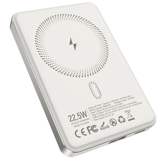 Trådløs Ekstern Batteri BWOO BO-P82, 10000mAh, 22,5W, PD + FQI, 1 x QI - 1 x USB-C, Hvit