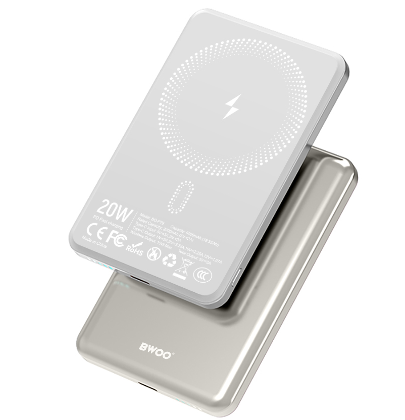 Trådløs Ekstern Batteri BWOO P79, 5000mAh, 20W, PD + FQI, 1 x QI - 1 x USB-C, Grå