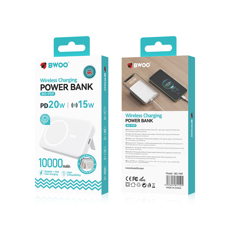 Ekstern trådløs batteri BWOO BO-P59, 10000mAh, 20W, PD + QI, 1 x QI - 1 x USB-C, Hvit