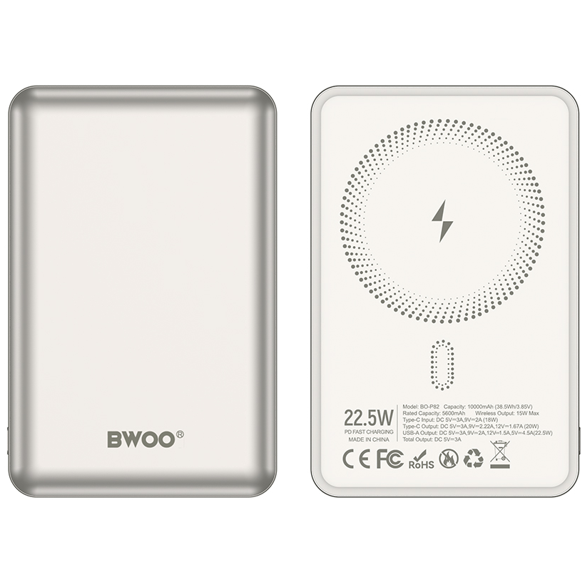 Trådløs Ekstern Batteri BWOO BO-P82, 10000mAh, 22,5W, PD + FQI, 1 x QI - 1 x USB-C, Hvit