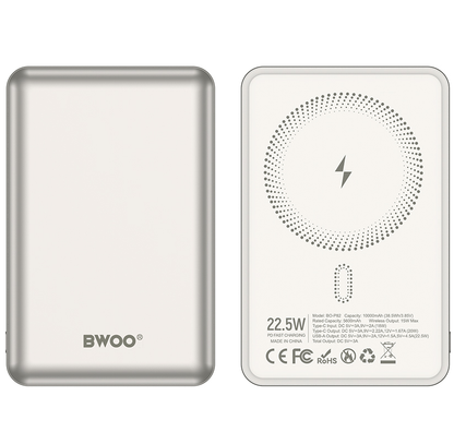 Trådløs Ekstern Batteri BWOO BO-P82, 10000mAh, 22,5W, PD + FQI, 1 x QI - 1 x USB-C, Hvit