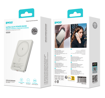 Trådløs Ekstern Batteri BWOO P79, 5000mAh, 20W, PD + FQI, 1 x QI - 1 x USB-C, Grå