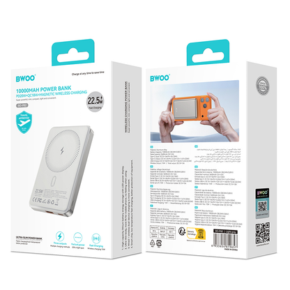 Trådløs Ekstern Batteri BWOO BO-P82, 10000mAh, 22,5W, PD + FQI, 1 x QI - 1 x USB-C, Hvit
