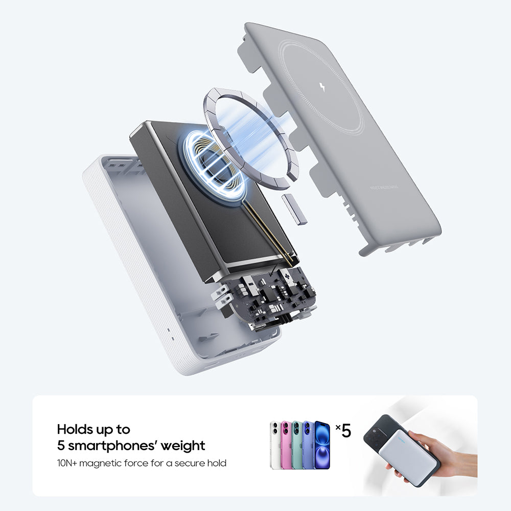 Trådløs ekstern batteri Cuktech WPB100N, 10000mAh, 20W, PD + FQI, 1 x QI - 1 x USB-C, Hvit CKWPB100NGLGR