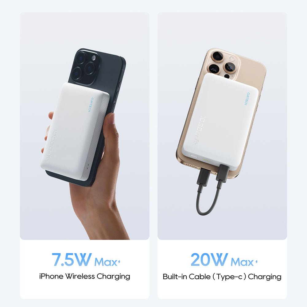Trådløs ekstern batteri Cuktech WPB100N, 10000mAh, 20W, PD + FQI, 1 x QI - 1 x USB-C, Hvit CKWPB100NGLGR