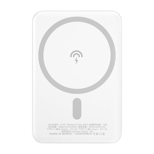 Ekstern trådløs batteri Dudao K14S, 5000mAh, 10W, PD + QI, 1 x QI - 1 x USB-C, Hvit