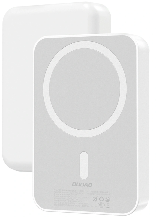 Dudao K26 trådløs ekstern batteri, 10000mAh, 20W, PD + FQI, 1 x QI - 1 x USB-C, Hvit