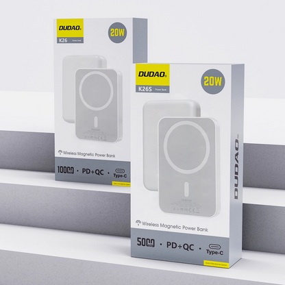 Ekstern trådløs batteri Dudao K26s, 5000mAh, 20W, PD + FQI, 1 x QI - 1 x USB-C, Hvit