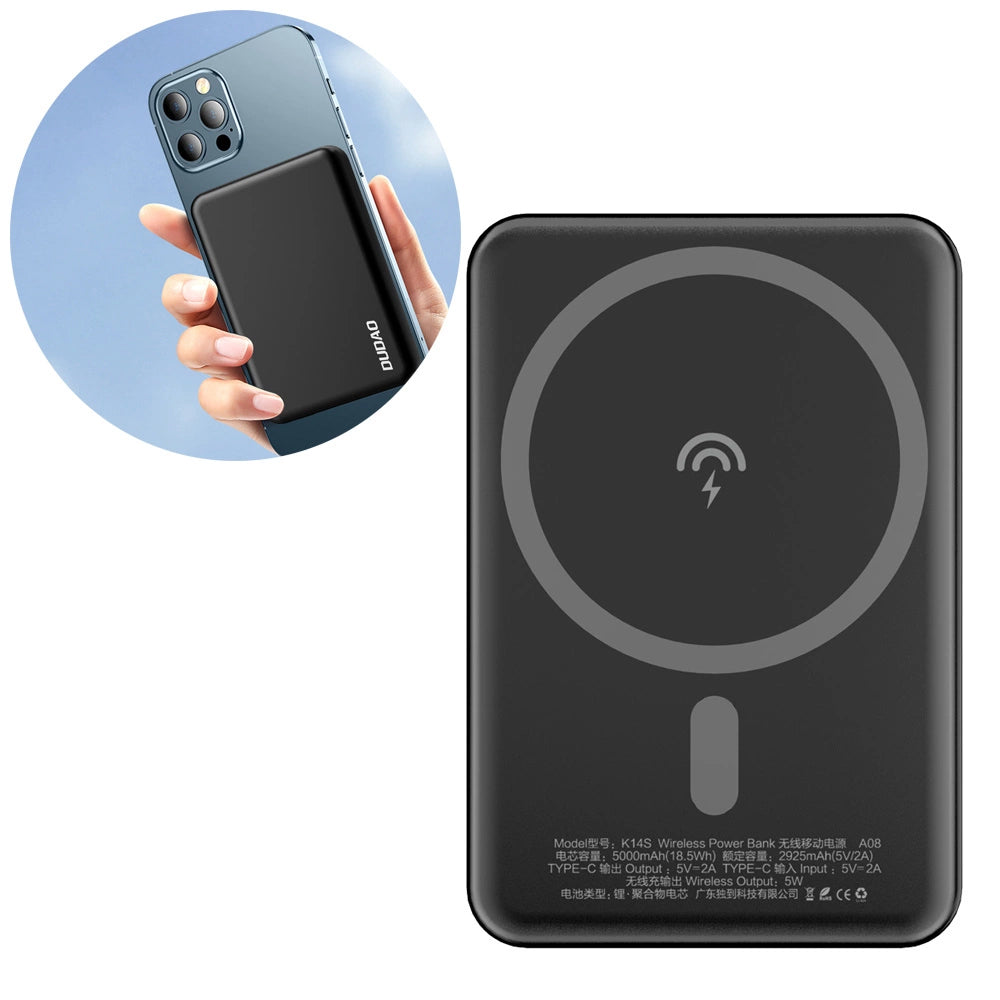 Ekstern trådløs batteri Dudao K14S, 5000mAh, 10W, PD + QI, 1 x QI - 1 x USB-C, Svart