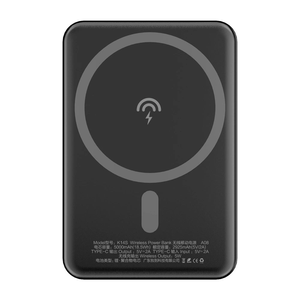 Ekstern trådløs batteri Dudao K14S, 5000mAh, 10W, PD + QI, 1 x QI - 1 x USB-C, Svart