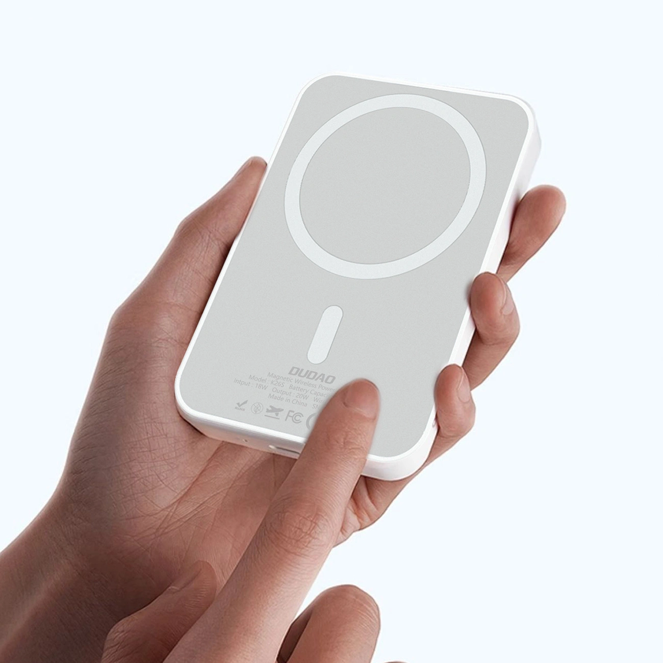 Dudao K26 trådløs ekstern batteri, 10000mAh, 20W, PD + FQI, 1 x QI - 1 x USB-C, Hvit