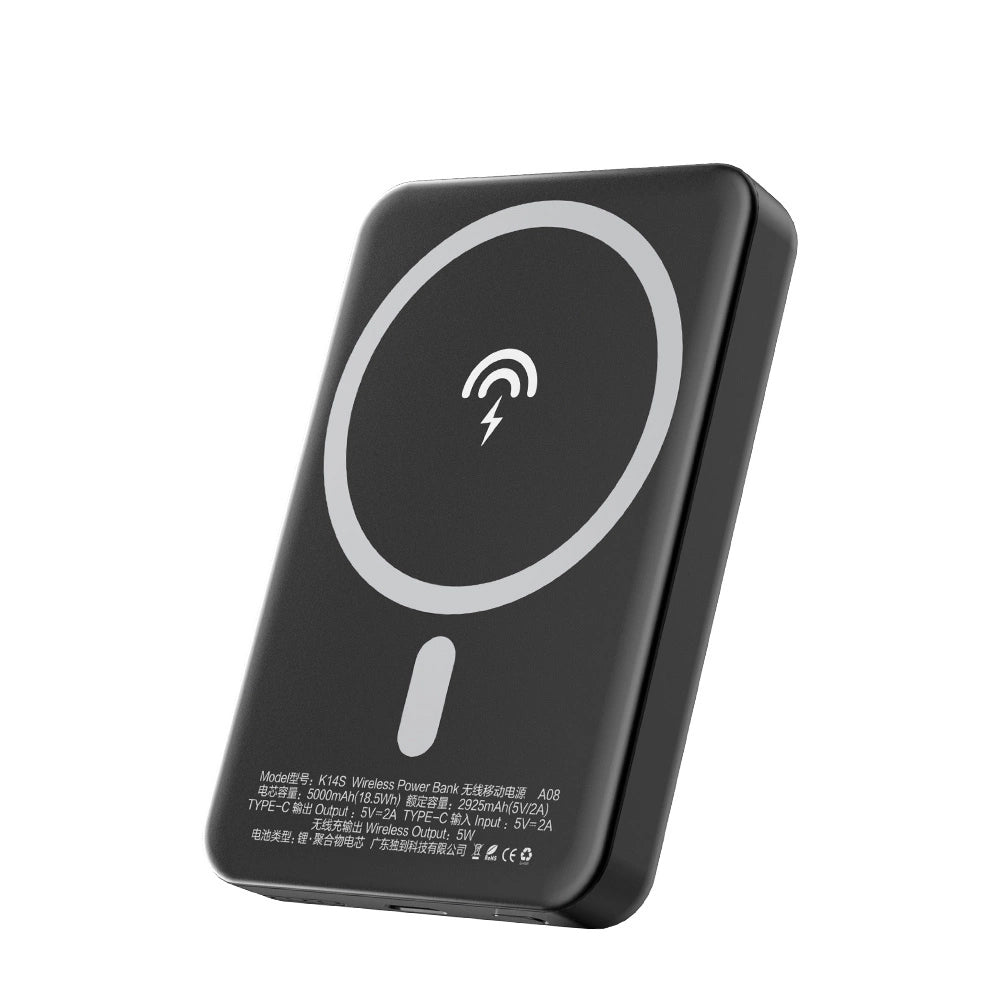 Ekstern trådløs batteri Dudao K14S, 5000mAh, 10W, PD + QI, 1 x QI - 1 x USB-C, Svart