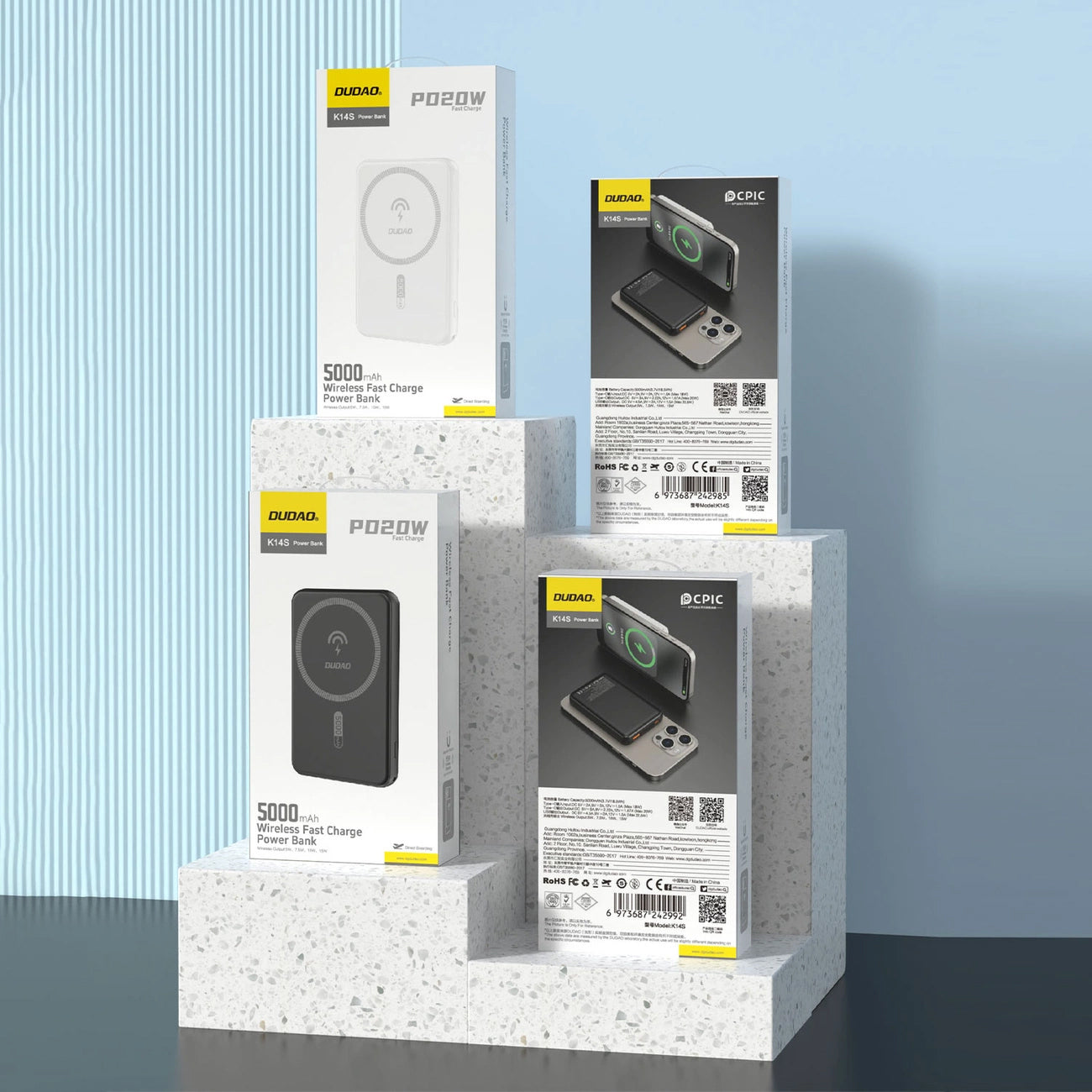 Trådløs ekstern batteripakke Dudao K14S, 5000mAh, 20W, QC + PD + FQI, 1 x QI - 1 x USB-A - 1 x USB-C, Hvit