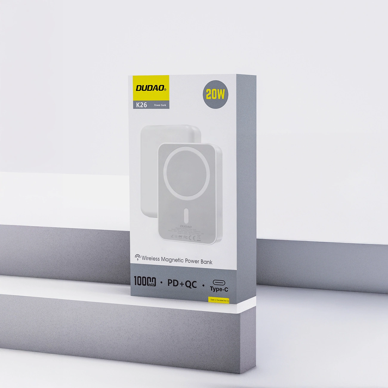 Dudao K26 trådløs ekstern batteri, 10000mAh, 20W, PD + FQI, 1 x QI - 1 x USB-C, Hvit