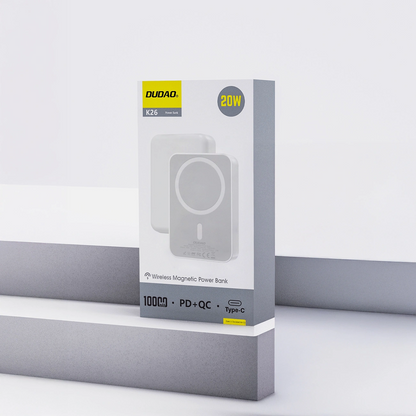 Dudao K26 trådløs ekstern batteri, 10000mAh, 20W, PD + FQI, 1 x QI - 1 x USB-C, Hvit