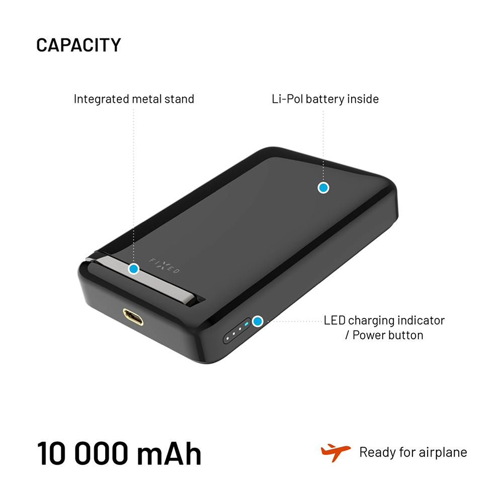 Ekstern trådløs batteri Fixed MagZen 10 Pro, 10000mAh, 30W, PD + FQI, 1 x QI - 1 x USB-C, Svart