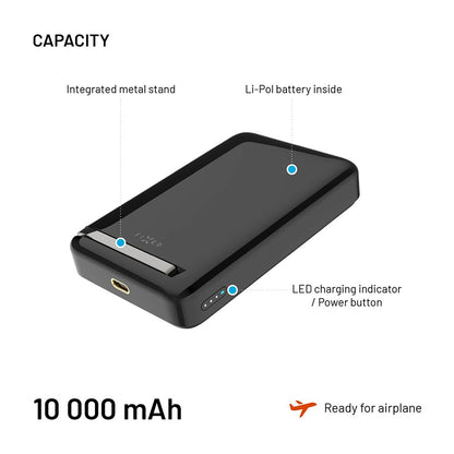 Ekstern trådløs batteri Fixed MagZen 10 Pro, 10000mAh, 30W, PD + FQI, 1 x QI - 1 x USB-C, Svart
