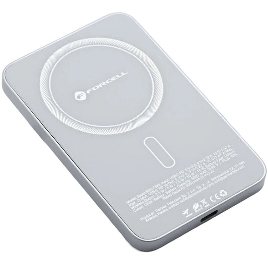 Ekstern trådløs batteri Forcell F5K8, 5000mAh, 15W, PD + FQI, 1 x QI - 1 x USB-C, Hvit