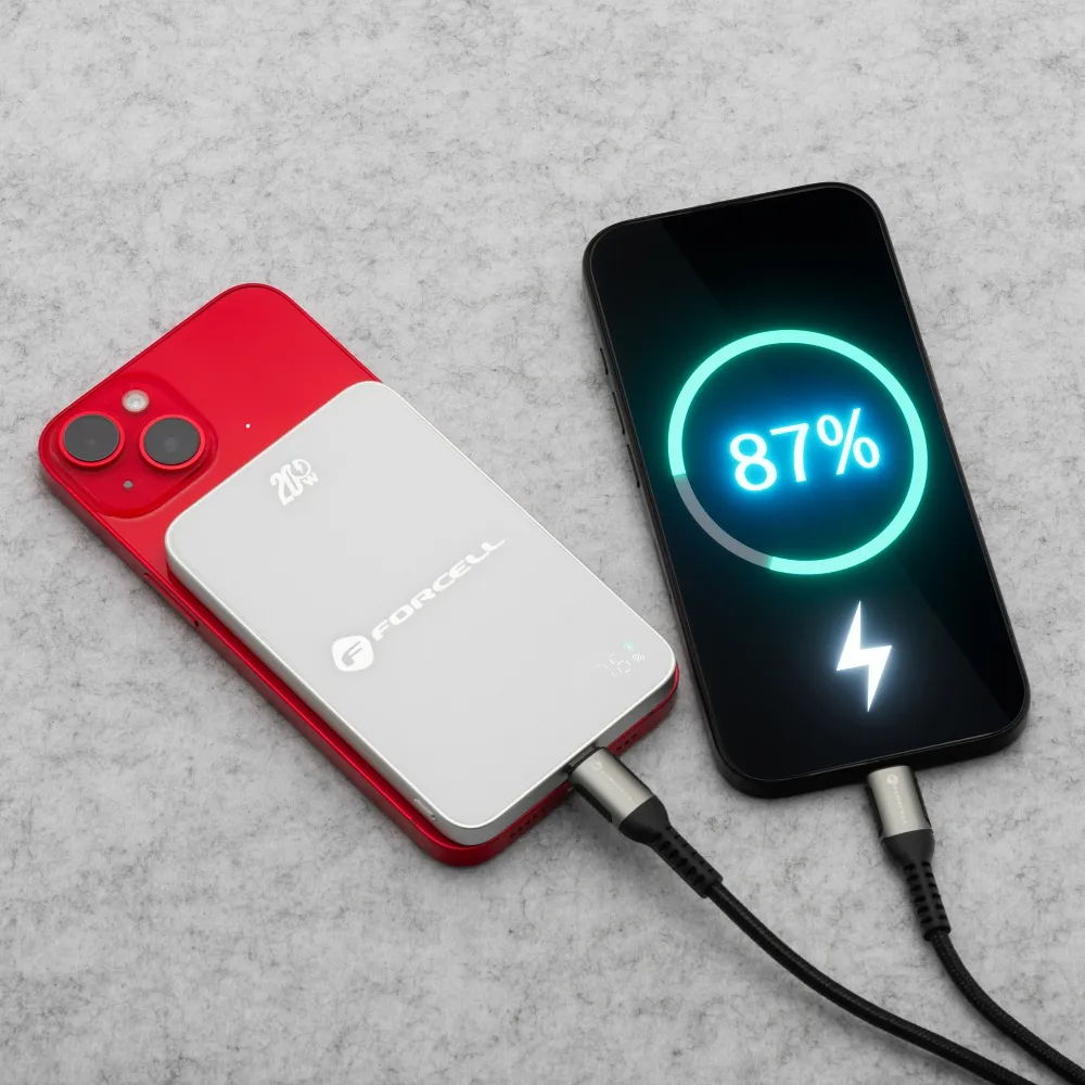 Ekstern trådløs batteri Forcell F5K8, 5000mAh, 15W, PD + FQI, 1 x QI - 1 x USB-C, Hvit