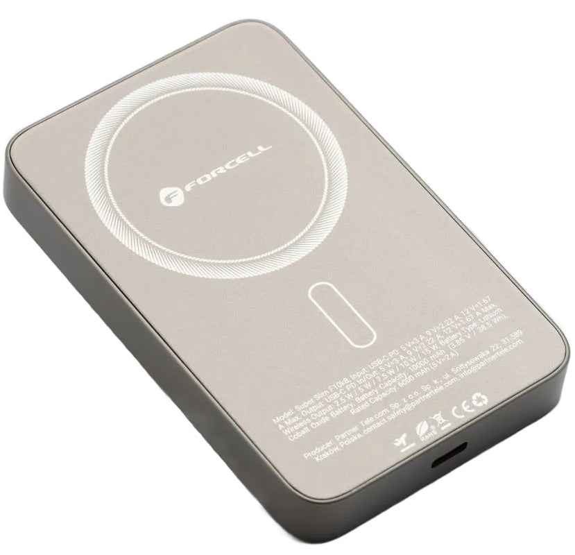 Ekstern trådløs batteri Forcell F5K8, 5000mAh, 15W, PD + FQI, 1 x QI - 1 x USB-C, Gull